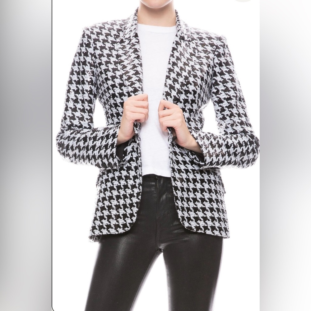 L'Agence Chamberlain Blazer Sequin Houndstooth One Button Black White